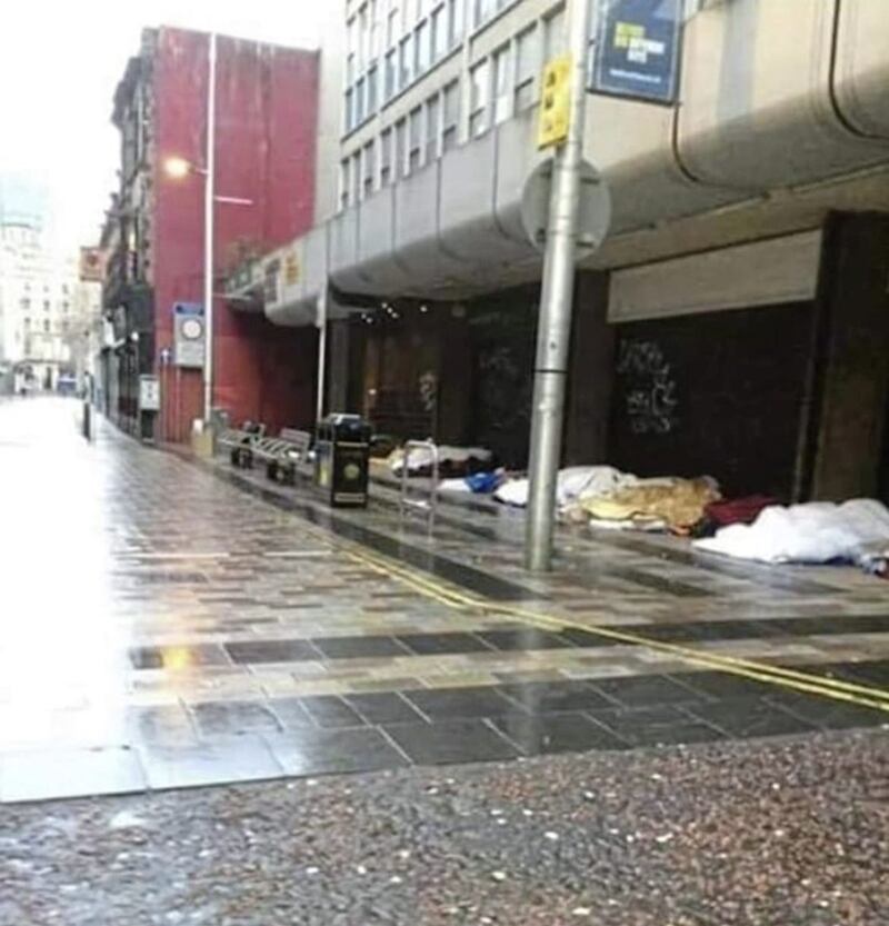 Scenes such as this of rough sleepers in Belfast led to an emergency response by the Housing Executive and homeless charities. Picture by Hugh Russell 
