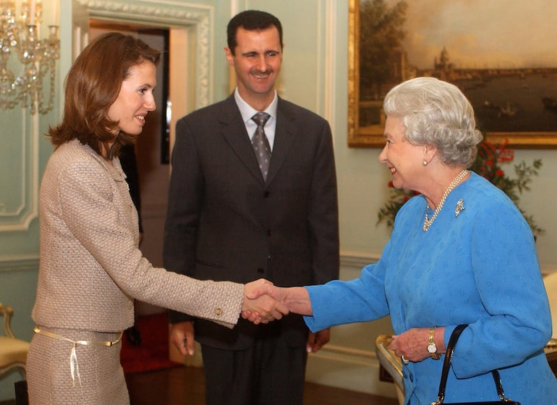 Queen Elizabeth II meeting with then-Syrian president Bashar Assad and his wife Asma in 2002