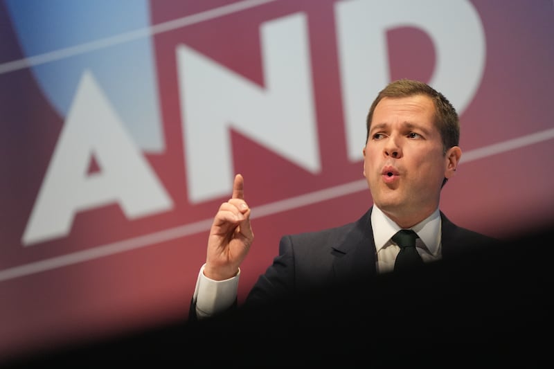 Conservative Party leadership candidate Robert Jenrick delivers a speech during the Conservative Party Conference