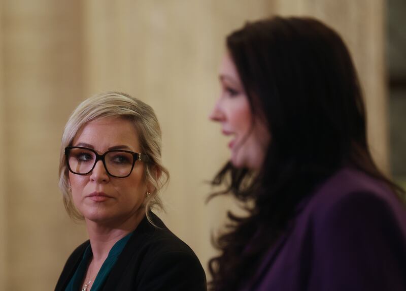 First Minister Michelle O’Neill and Deputy First Minister Emma Little-Pengelly give an update to the media about Storm Éowyn.
PICTURE COLM LENAGHAN