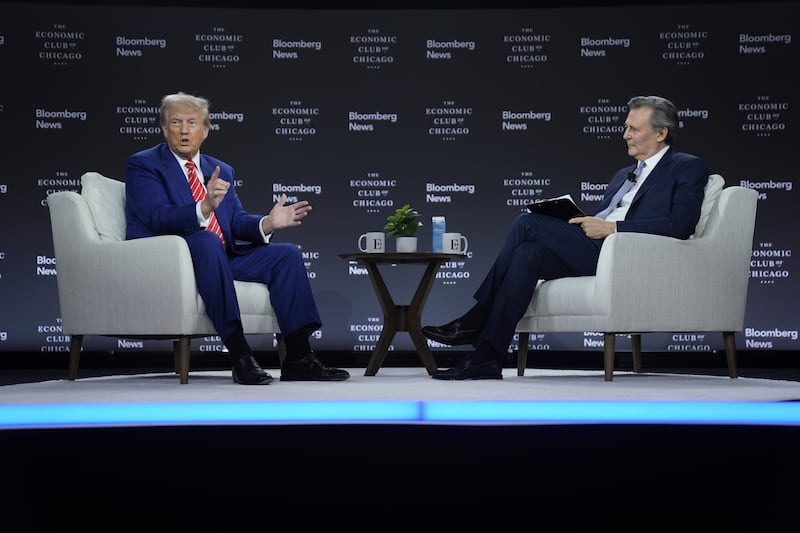 Donald Trump speaks during an interview with Bloomberg News editor-in-chief John Micklethwait during an event with the Economic Club of Chicago on Tuesday (Evan Vucci/AP)