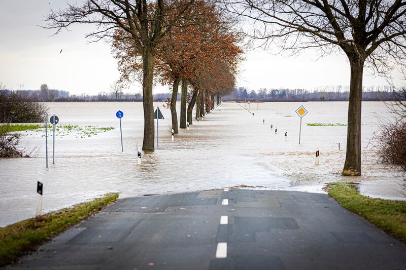 A road in the district of Nienburg-Weser is flooded in Drakenburg (dpa via AP)