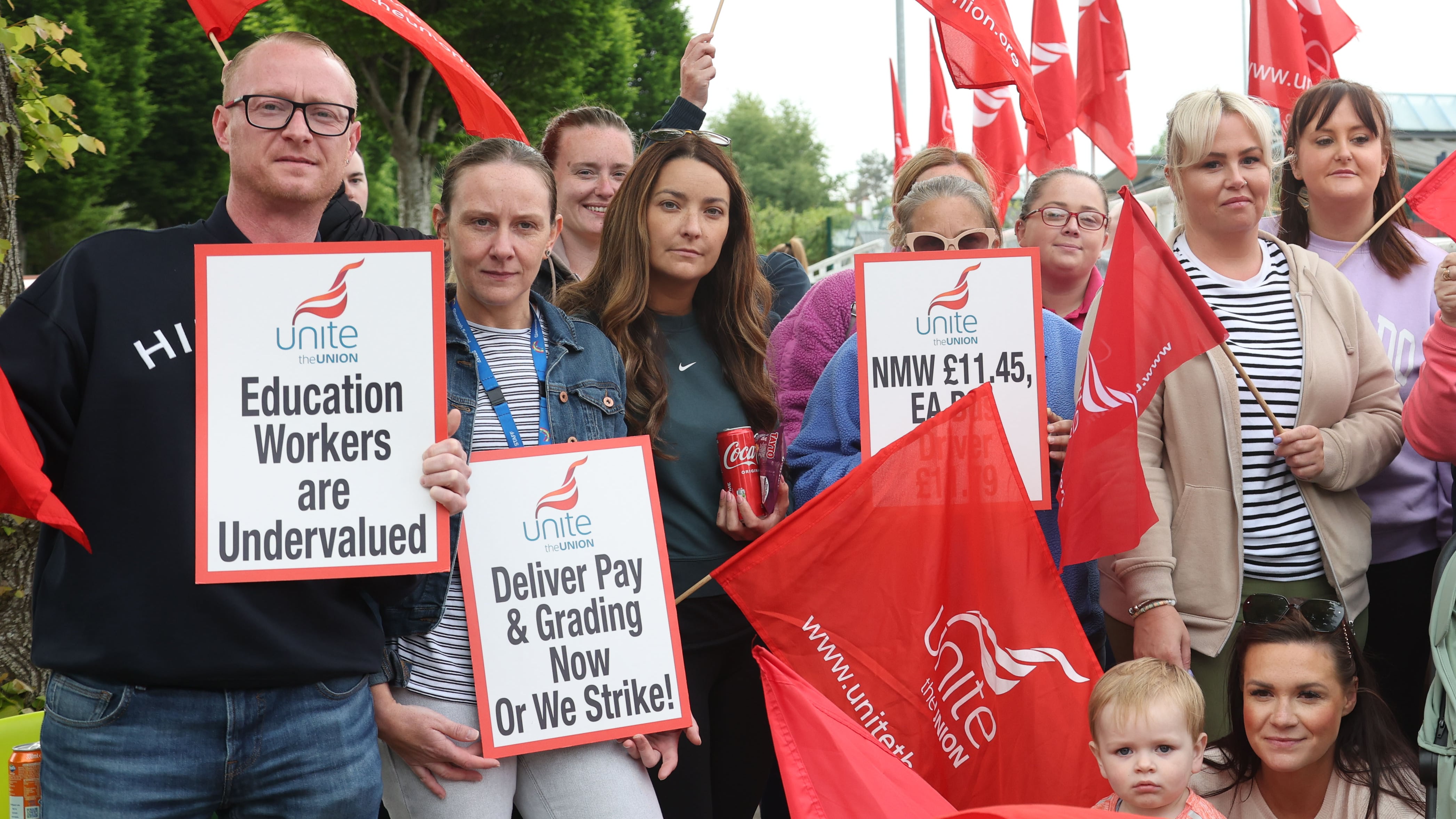 Protests outside Harberton School in Belfast on Tuesday.
Workers in the Unite, GMB and Nipsa trade unions have walked out as part of a long-running dispute over pay and job grading.
PICTURE COLM LENAGHAN