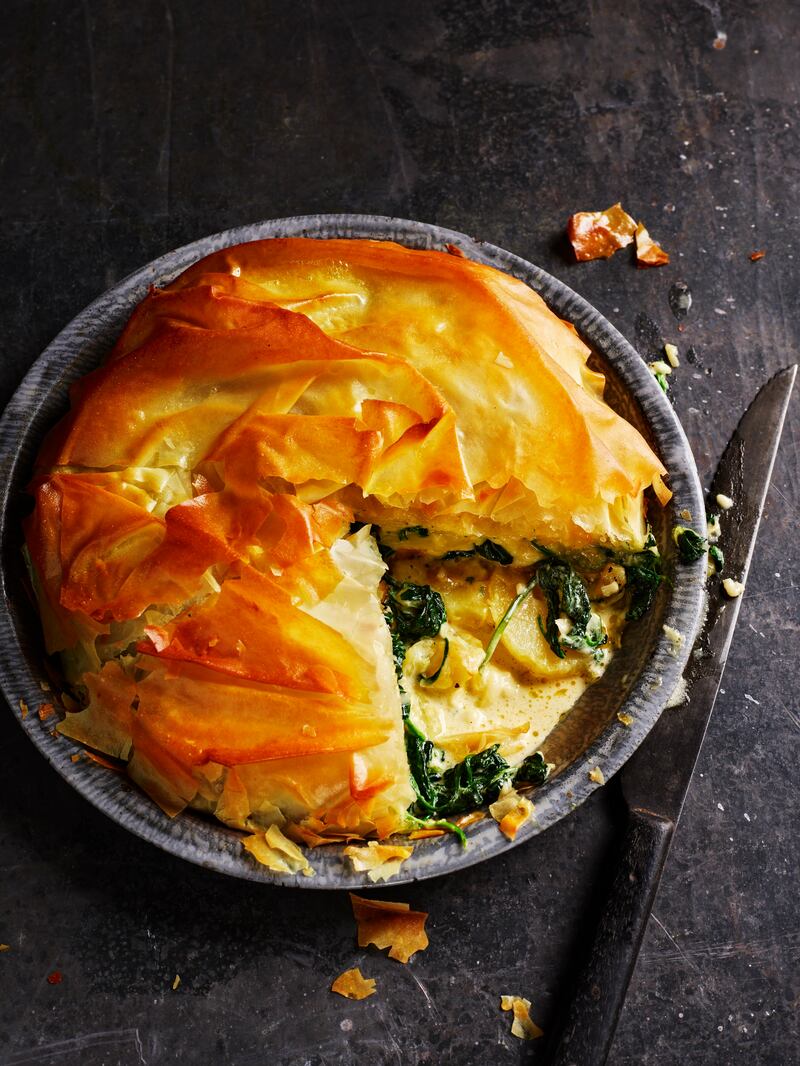 Rick Stein's cheese, potato and spinach filo pie recipe