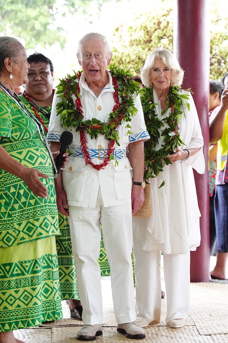 The King and Queen during a visit to the Samoan Cultural Village in Apia, which celebrates the importance of traditional arts, crafts, culture, enterprise and sport in Samoa