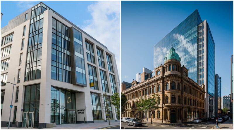 Two images of office buildings: Olympic House (left) and The Ewart (right).