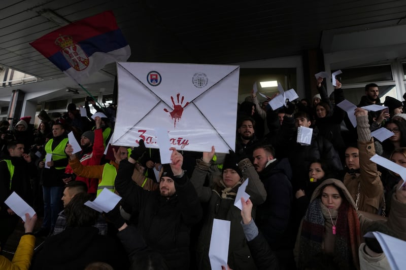 The protests were sparked by the collapse of a concrete canopy collapse that killed 15 people last month (AP Photo/Darko Vojinovic)