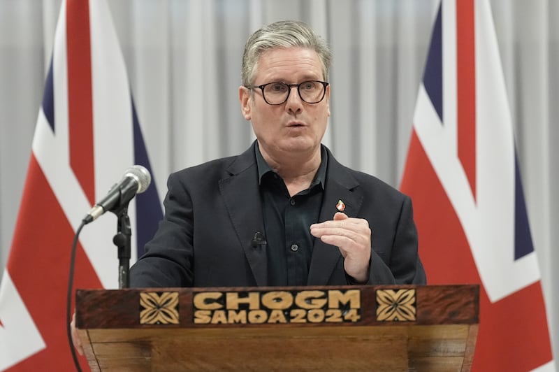 Prime Minister Sir Keir Starmer speaking at a press conference during the Commonwealth Heads of Government Meeting in Samoa