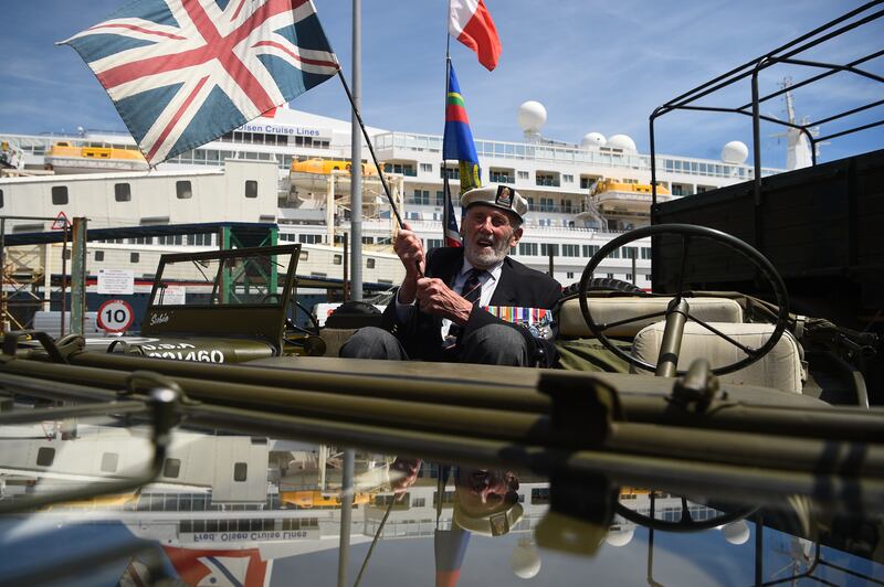 Veteran John Roberts, from Whitstable, on a jeep as he arrived at the cruise terminal to board the MV Boudicca (behind) ahead of its departure from the port of Dover in Kent, on day one of a trip arranged by the Royal British Legion for D-Day veterans to mark the 75th anniversary of D-Day