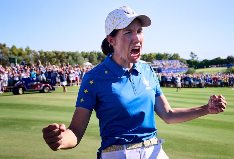 Europe’s Carlota Ciganda reacts after Team Europe retained the Solheim Cup in 2023