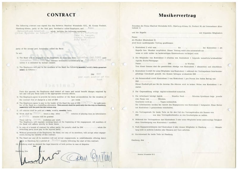 The original contract from 1962, for The Beatles to perform at one of their Hamburg residencies