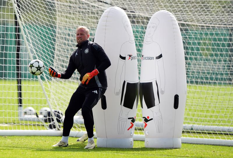 Celtic goalkeeper Kasper Schmeichel trains ahead of the game