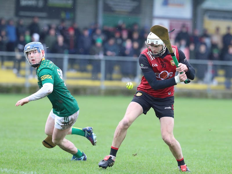 Down's Eoghan Sands and Meath's Nicholas Potterton in action during the Allianz Hurling Division 2 Round 5 between Down and Meath at McKenna Park,Ballycran on 03-16-2024. Pic Philip Walsh
