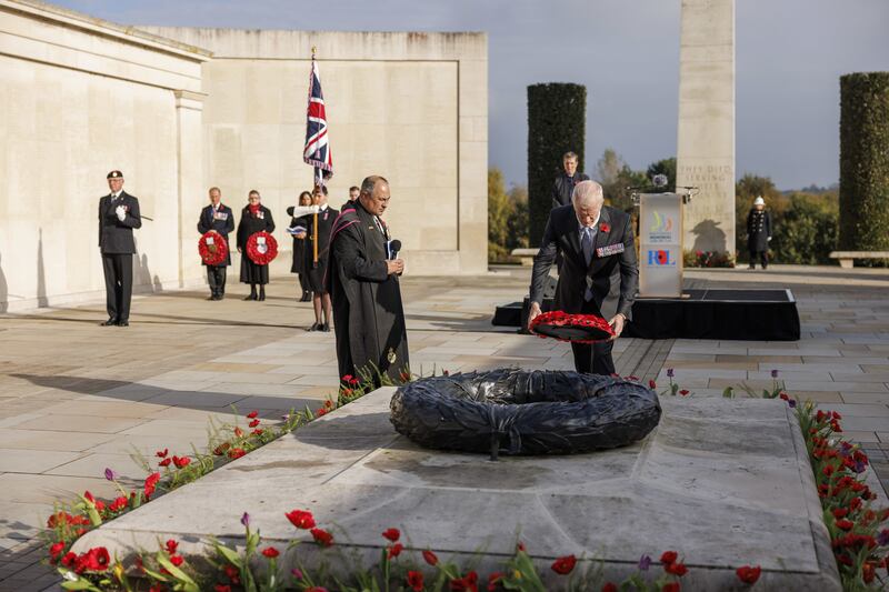 Defence Minister Al Carns, pictured laying a wreath, said the MoD in no way blamed the Welsh Guards