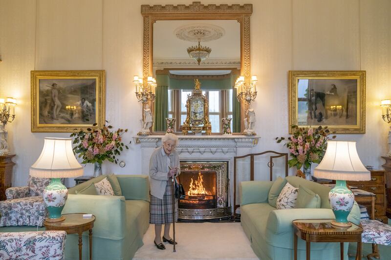 Queen Elizabeth II waiting in the Drawing Room before receiving Liz Truss for an audience at Balmoral Castle