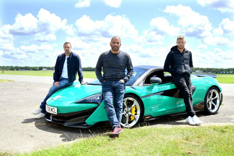 Paddy McGuinness, Chris Harris and Andrew Flintoff on the Top Gear test track