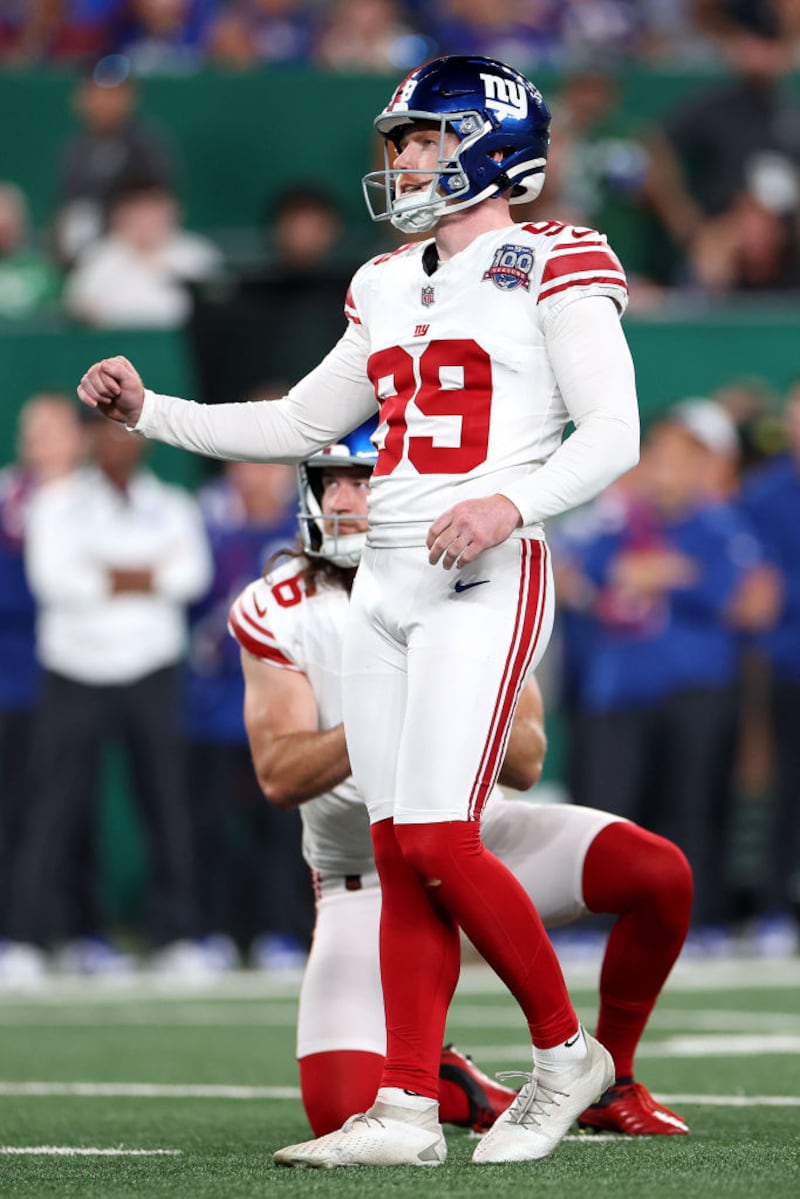 Jude McAtamney #99 of the New York Giants kicks against the New York Jets during a preseason game at MetLife Stadium on August 24, 2024 in East Rutherford, New Jersey