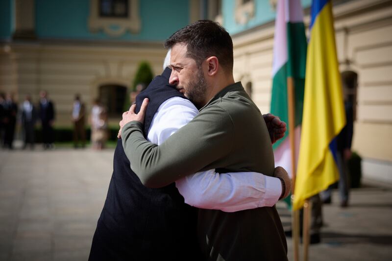 Indian Prime Minister Narendra Modi, left, greeting Ukrainian President Volodymyr Zelensky in Kyiv (Ukrainian Presidential Press Office/AP)