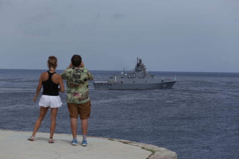 The Russian Navy’s Admiral Gorshkov frigate leaves the port of Havana, Cuba, on Monday (Ariel Ley/AP)