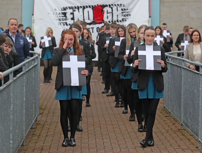 Pupils at St Ciaran’s College in Ballygawley at the  launch a campaign relating to deaths on the A5 Road.
PICTURE COLM LENAGHAN
