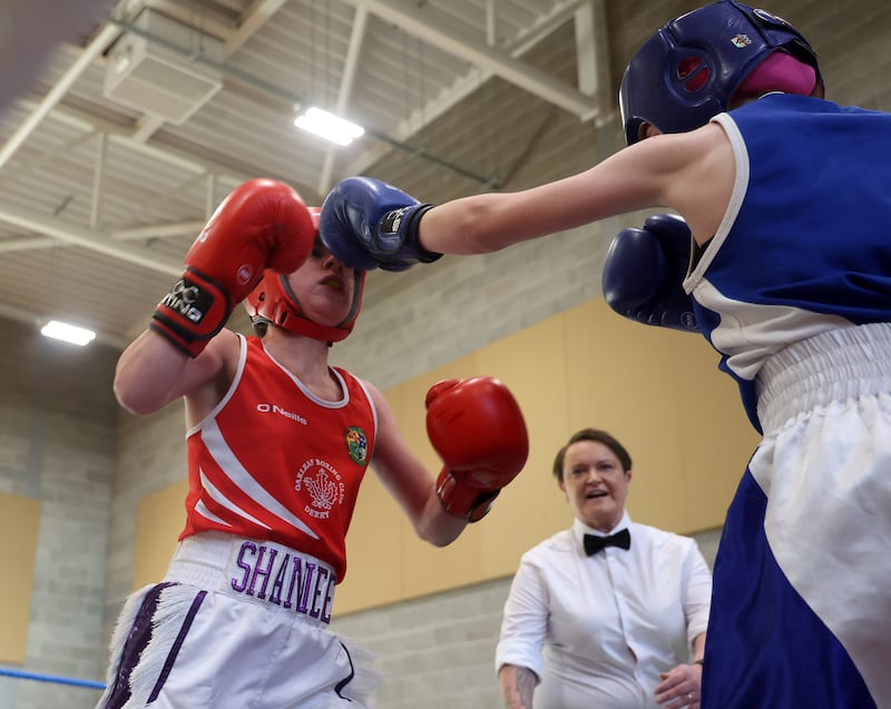 Action from the first all female boxing event at the Black Mountain Shared Space in Belfast. PICTURE: MAL MCCANN