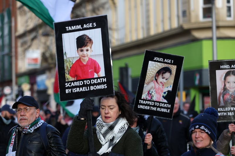 Palestine Campaigners take part in a march from Writers Square to Erskine House in Belfast City Centre. PICTURE: MAL MCCANN