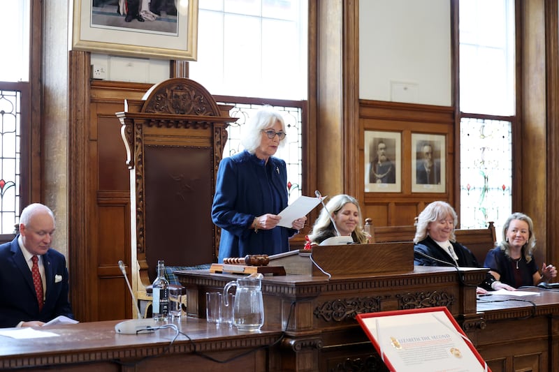 Queen Camilla delivers a speech on behalf of the King during a visit to Douglas Borough Council on the Isle of Man on March 20 2024