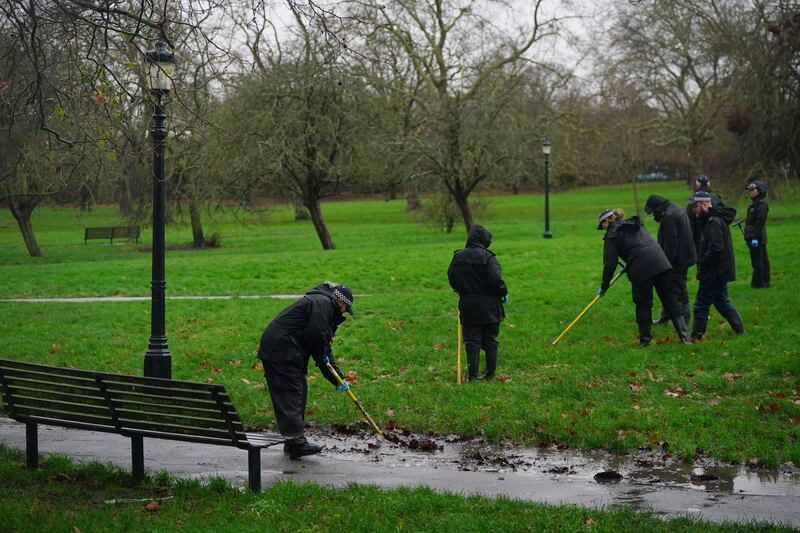 Police carry out a search on Primrose Hill in Camden, north London, after 16-year-old Harry Pitman was fatally stabbed