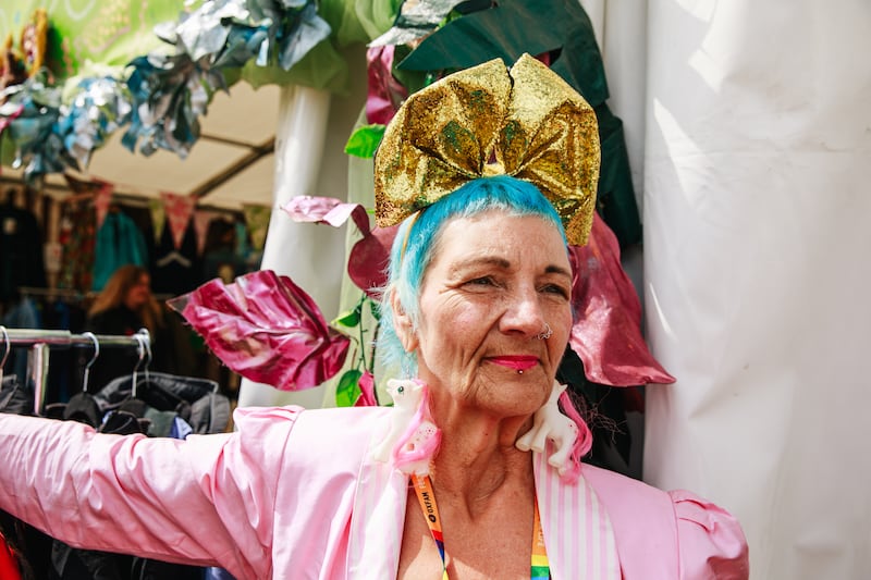 Lesley Wright volunteering at an Oxfam Shop at Glastonbury Festival in 2022