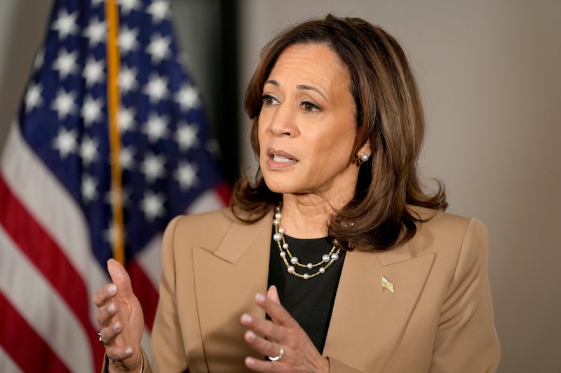 Democratic presidential nominee Vice President Kamala Harris speaks to reporters in Philadelphia (AP Photo/Matt Rourke)