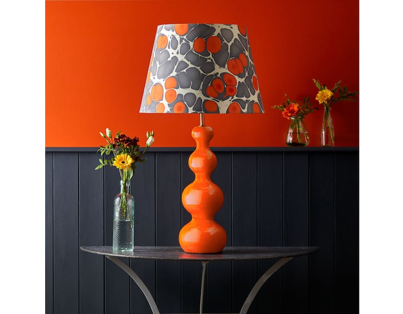 Smaller Wobster Table Lamp in Orange Lacquered Wood, £132, 40cm straight empire lampshade from a selection, Pooky Lighting