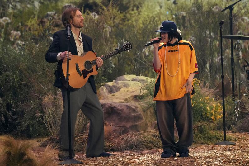 Finneas O’Connell, left, and Billie Eilish perform Birds of a Feather (Chris Pizzello/AP)