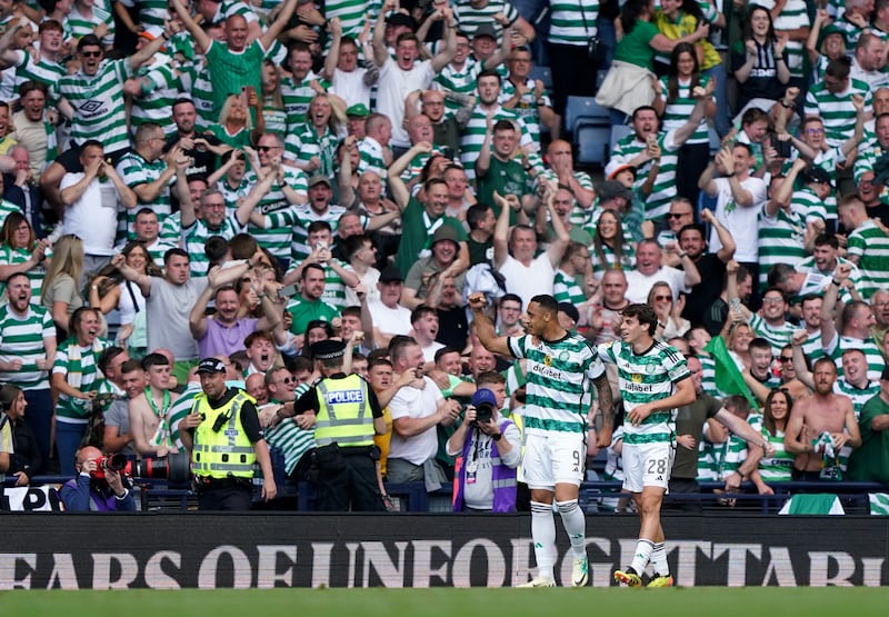 Paulo Bernardo and Adam Idah celebrate Celtic’s cup final winner