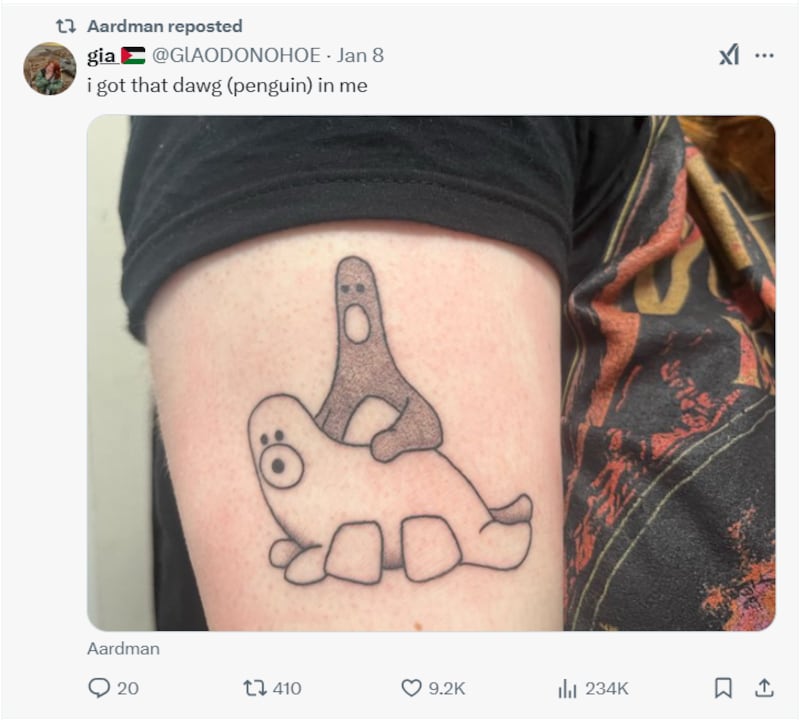 Screengrab of Aardman reposting Ms O’Donohoe’s X post about her tattoo