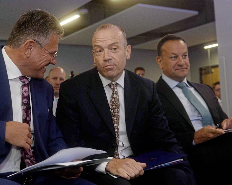 From left, European Commission vice-president Maros Sefcovic, Secretary of State Chris Heaton-Harris and Taoiseach Leo Varadkar at the announcement of PeacePlus funding in Belfast this week. Picture by Mark Marlow 