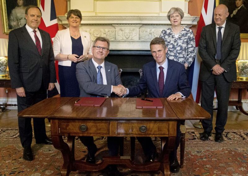 Sir Jeffrey Donaldson was front and centre (literally when it came to the photo op) of the `confidence and supply&#39; deal with the Conservative Party. Picture by Daniel Leal-Olivas/PA Wire 