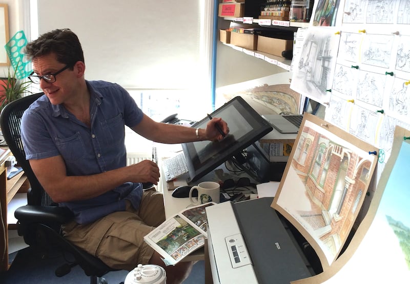 Robin Shaw busy at work in his studio. The animation director will be holding a storyboarding workshop at this year's Cinemagic Film Festival