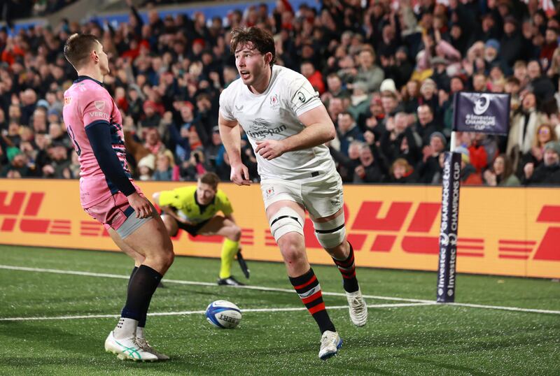 Ulster's David McCann after scoring their side's seventh try during the Investec Champions Cup match at the Kingspan Stadium, Belfast. Picture date: Friday January 17, 2025. PA Photo. See PA story RUGBYU Ulster. Photo credit should read: Liam McBurney/PA Wire.

RESTRICTIONS: Use subject to restrictions. Editorial use only, no commercial use without prior consent from rights holder.