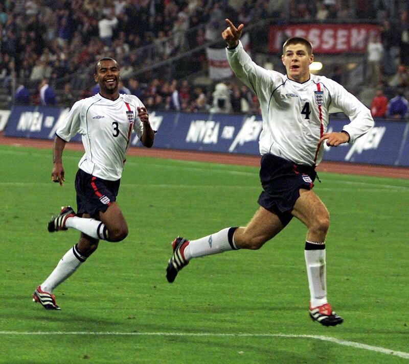 Steven Gerrard, right, scored his first goal against Germany in 2001