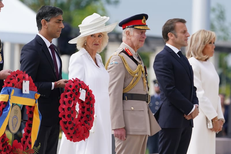 Rishi Sunak, the Queen, the King, French President Emmanuel Macron and Brigitte Macron at the UK national event for the 80th anniversary of D-Day