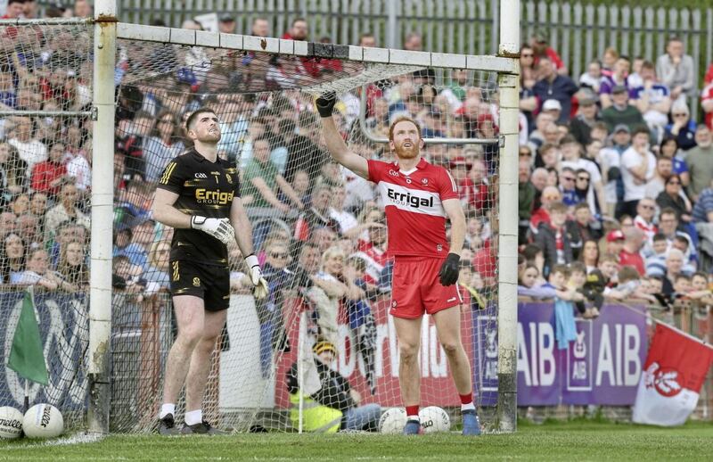 Derry goalkeeper Odhran Lynch and captain Conor Glass against Monaghan. Picture Margaret McLaughlin 