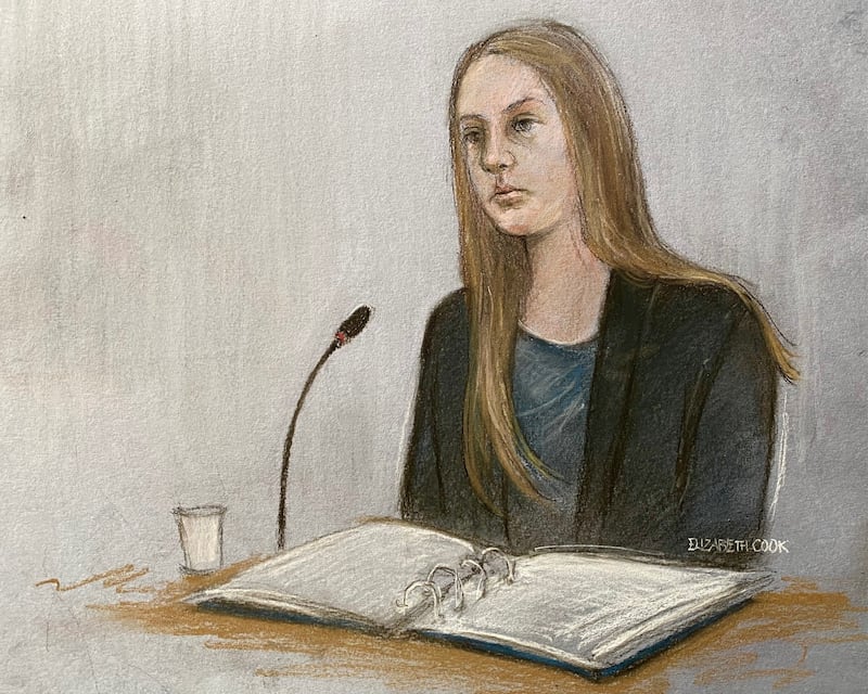 A court artist sketch of Lucy Letby giving evidence at Manchester Crown Court, where she is accused of attempting to murder a baby girl at the Countess of Chester Hospital in February 2016