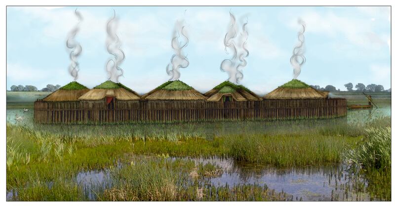 An artist’s impression of what the circular wooden homes on stilts would have looked like.