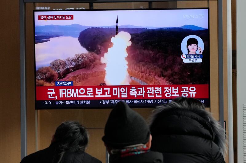 A TV screen shows a file image of North Korea’s missile launch on January 6 (Ahn Young-joon/AP)