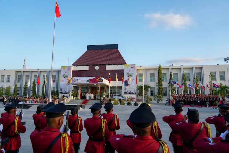 Pope Francis and East Timor’s President Jose Manuel Ramos-Horta attend a welcome ceremony outside the Presidential Palace in Dili, East Timor (Gregorio Borgia/AP)