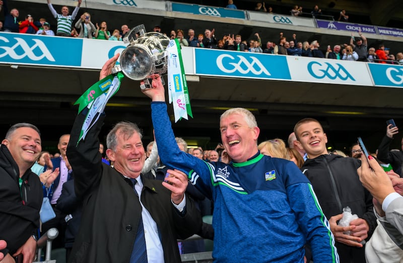 JP McManus at Croke Park with John Kiely lifting the Liam MacCarthy Cup