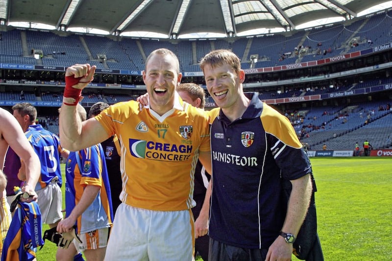 Antrim manager Jody Gormley and Joe Quinn celebrate winning the Tommy Murphy Cup in Croke Park in 2008, the last time the competition was played 