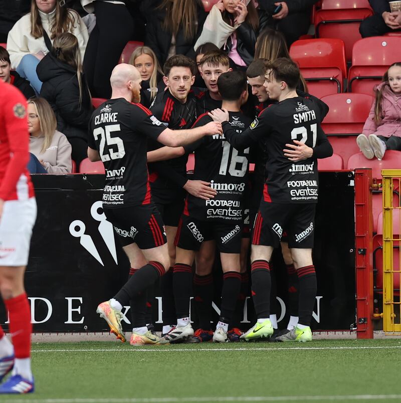 Crusaders Jordan Forsythe celebrates his goal        In Today’s game at Invar Park Larne  v Crusaders in the Sports Direct premiership 

Desmond Loughery Pacemaker press