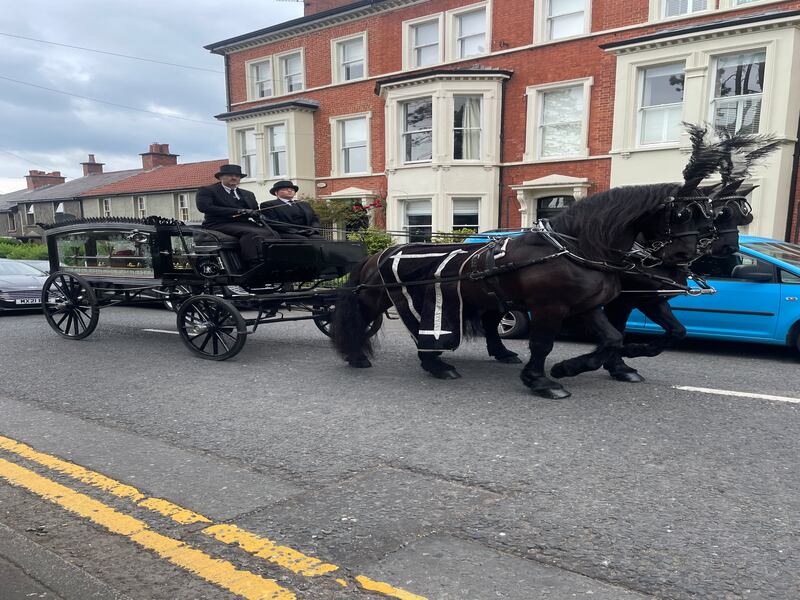 Magnum and Hamish draw the carriage bearing Yvonne Friers through Holywood, Co Down to a service of thanksgiving at the Parish Church of St Philip and St James