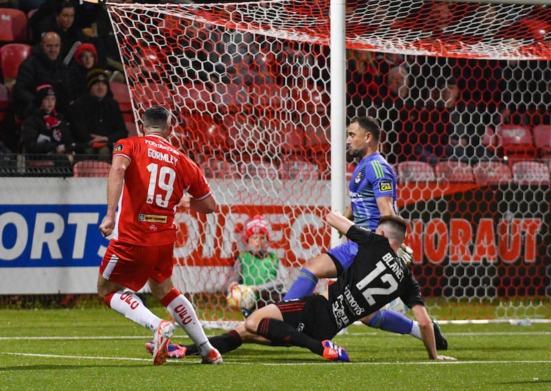 Joe Gormley of Cliftonville opens the scoring during this Evening’s game at Solitude, Belfast